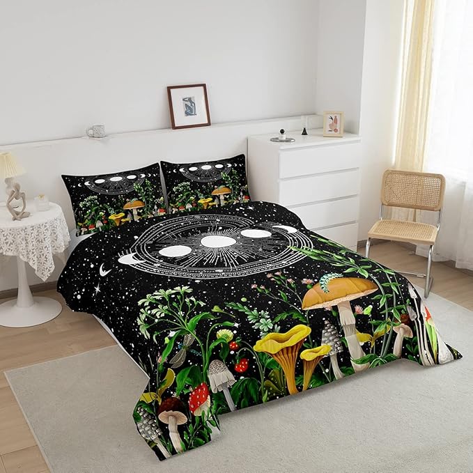 Cute Mushroom Comforter Set Sun and Moon All Season Down Comforter for Kids Boys Girls Teens Trippy Decor Boho Galaxy Constellations Bedding Set Starry Sky Wild Flowers Quilt Set Room Decor Full Size - LeafyLoom