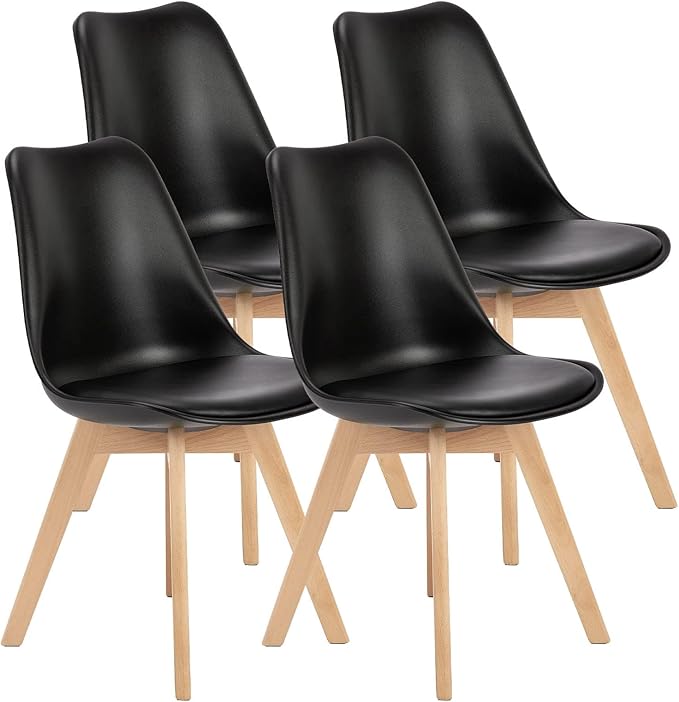 OLIXIS Dining Chairs Set of 4 Mid-Century Modern Dinning Chairs, Living Room Bedroom Outdoor Lounge Chair PU Leather Cushion and Wood Legs, Black - LeafyLoom