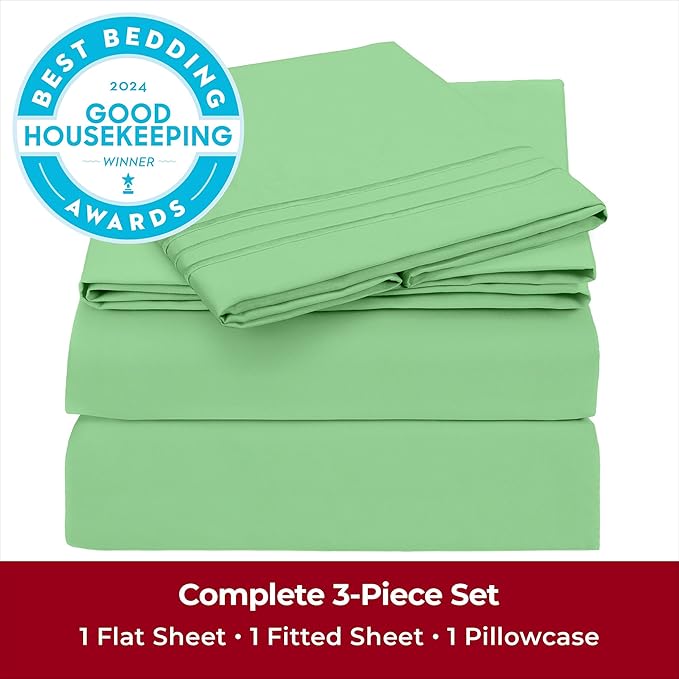 Mellanni Twin Sheets Set - 3 PC Iconic Collection Bedding Sheets & Pillowcases - Hotel Luxury, Extra Soft, Cooling Bed Sheets - Deep Pocket up to 16 inch (Twin, Pistachio) - LeafyLoom