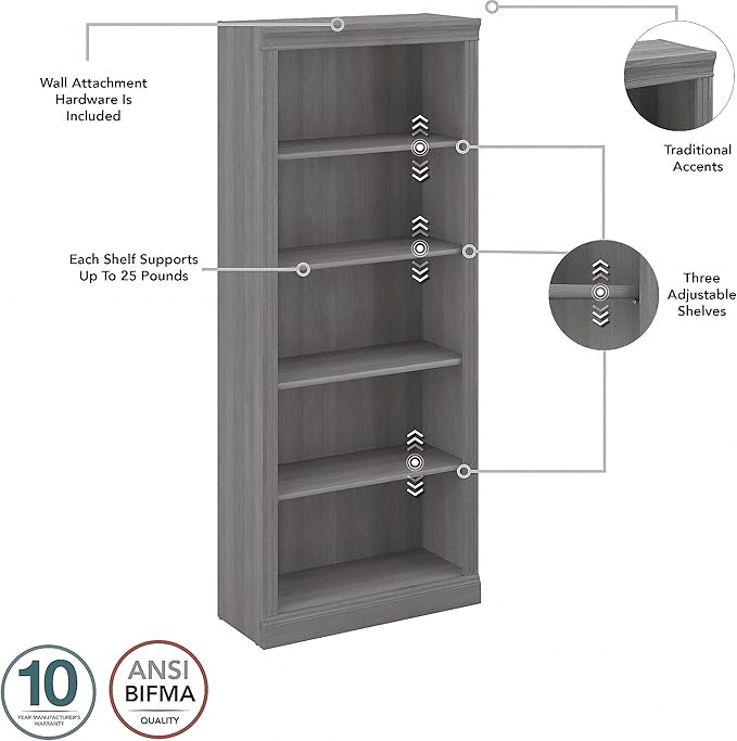 Bush Furniture Saratoga Tall 5 Shelf Bookcase in Modern Gray - LeafyLoom