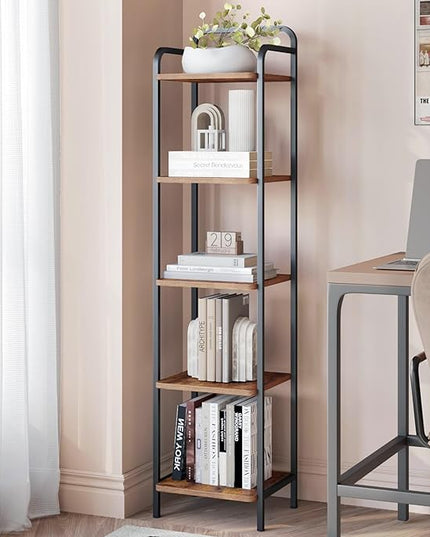 Bookcase Bookshelf, Narrow Book Shelf, Industrial Coner Shelf Storage Organizer, Slim Shelving Unit for Home Office, Living Room, Bedroom, Kitchen, 5-Tier Rustic Brown BC24501B - LeafyLoom