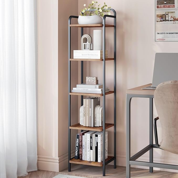 Bookcase Bookshelf, Narrow Book Shelf, Industrial Coner Shelf Storage Organizer, Slim Shelving Unit for Home Office, Living Room, Bedroom, Kitchen, 5-Tier Rustic Brown BC24501B - LeafyLoom