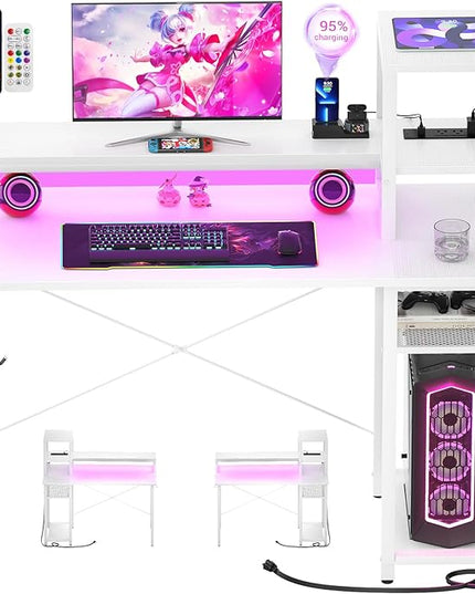 armocity 2024 Upgrade Gaming Desk with LED Lights, Small Computer Desk with Long Monitor Stand, 40'' Reversible Laptop Table with Storage Shelves, Small Desk for Small Spaces, Gaming Room, White - LeafyLoom