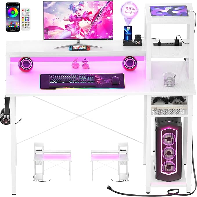 armocity 2024 Upgrade Gaming Desk with LED Lights, Small Computer Desk with Long Monitor Stand, 40'' Reversible Laptop Table with Storage Shelves, Small Desk for Small Spaces, Gaming Room, White - LeafyLoom