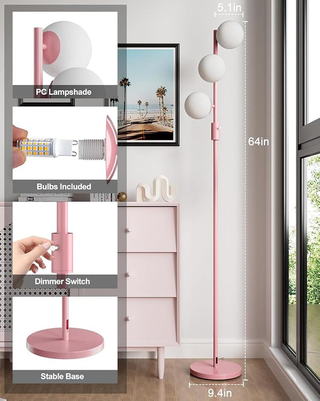 64IN Dimmable Pink Floor Lamp, Tall Standing Lamps with 3 Globe Soft Warm White Eye Care 3000K G9 Bulbs, Mid Century Modern Floor Lamp for Bedroom Office - LeafyLoom