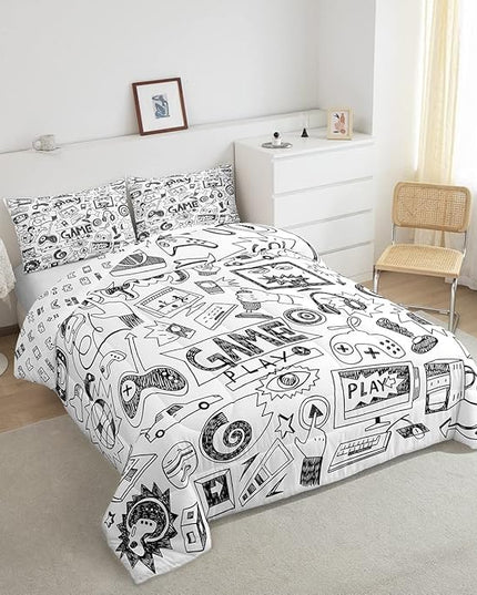Erosebridal Gaming Comforter Set Twin, Kids Gamepad Cartoon Bedding Set Video Games Gamers Duvet Set Hip Hop Graffiti Quilt Set Racing Car Comforter Set, Black White Printed Bedroom Decor - LeafyLoom