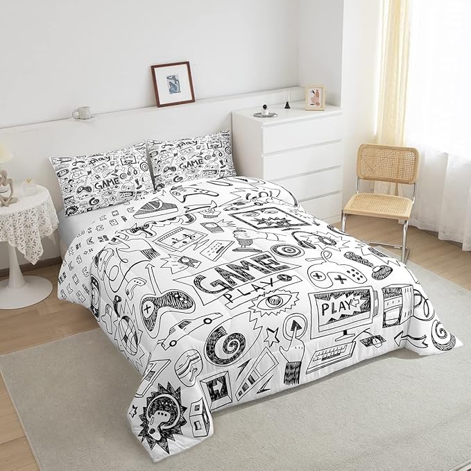 Erosebridal Gaming Comforter Set, Kids Gamepad Cartoon Bedding Set Video Games Gamers Duvet Set Queen Hip Hop Graffiti Quilt Set Racing Car Comforter Set, Black White Printed Bedroom Decor - LeafyLoom