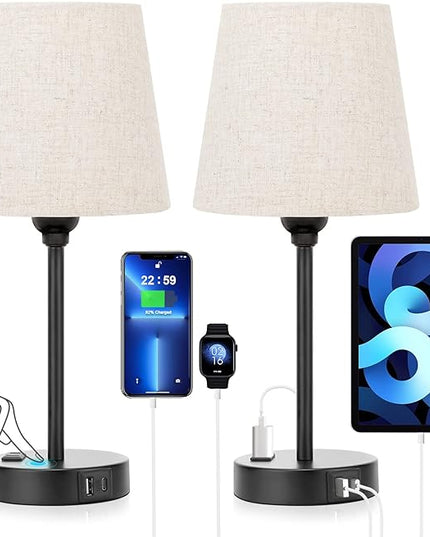 Mini Bedside Lamps for Bedrooms Set of 2 - Nightstand Bedroom Lamps with USB C Port and AC Outlet Charging, Dimmable Touch Small Bed Side Table Lamp, Black Night Stand Light for Kids/Guest Room - LeafyLoom