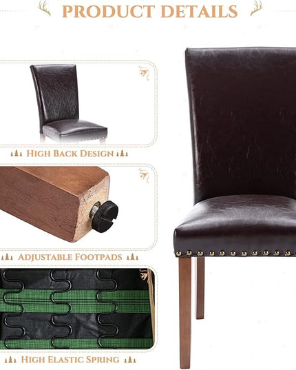 Parsons Dining Chairs Set of 4, Upholstered Nailhead PU Leather Dining Room Kitchen Side Chair with Thick Cushions and Wood Legs, Dark Brown - LeafyLoom