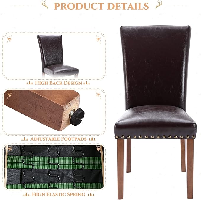 Parsons Dining Chairs Set of 4, Upholstered Nailhead PU Leather Dining Room Kitchen Side Chair with Thick Cushions and Wood Legs, Dark Brown - LeafyLoom