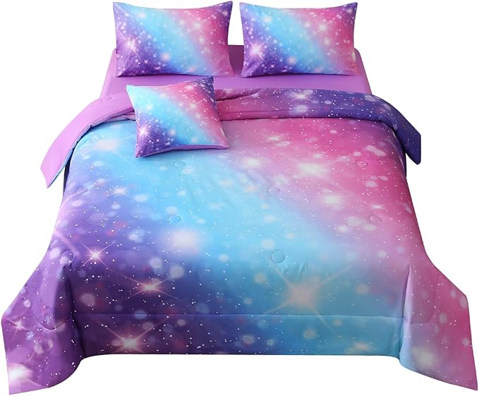 JQinHome Glitter Bedding Set Queen Size,6 Piece Bed in A Bag 3D Colorful Rainbow Galaxy Comforter Set for Girls Kids-All Season Microfiber Tie-Dye Bedding Sets (Blue Purple) - LeafyLoom