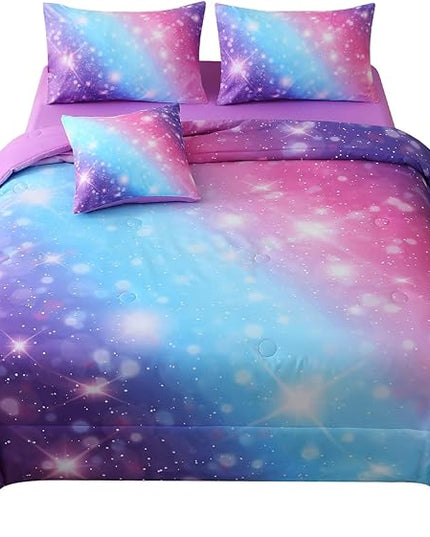 JQinHome Glitter Bedding Set Full Size,6 Piece Bed in A Bag 3D Colorful Rainbow Galaxy Comforter Set for Girls Kids-All Season Microfiber Tie-Dye Bedding Sets(Blue Purple) - LeafyLoom