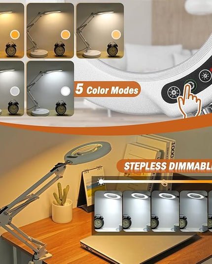 Veemagni 10X Magnifying Glass with Light, 5 Color Modes Stepless Dimmable 2-in-1 Desk Lamp and Clamp, LED Lighted Magnifier with Light and Stand, Hands Free for Craft Hobby Painting Close Work - White - LeafyLoom