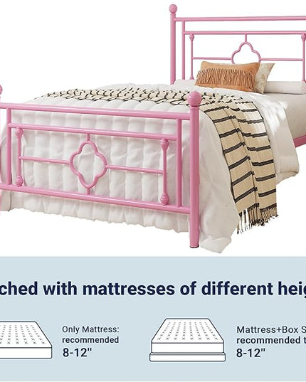 Allewie Twin Size Metal Platform Bed Frame with Victorian Vintage Headboard and Footboard/Mattress Foundation/Under Bed Storage/No Box Spring Needed/Noise-Free/Easy Assembly, Pink - LeafyLoom