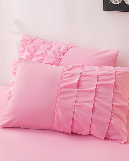 Pink Comforter Set Twin, 5-Piece Bed in a Bag Twin for Teen Girls, Pink Ruffle Bedding Set for Girls Kids, Teen Girls Bedding Sets,Princess Dress Comforter for All Season - LeafyLoom