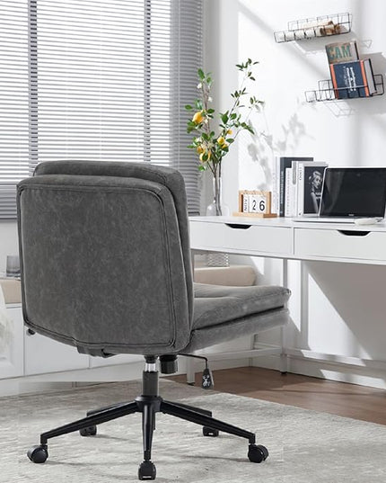 Armless Office Chair with Wheels Wide Desk Chair Leather Mid Back Accent Chair Padded Swivel Vanity Chair for Girl Women Computer Task Chair for Home Office (Leather, Dark Gray/Gray) - LeafyLoom