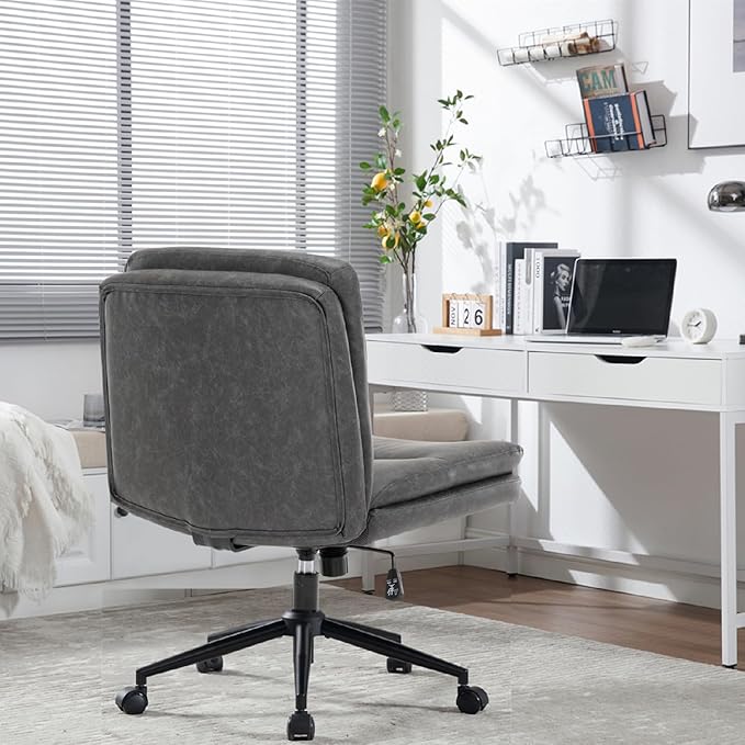 Armless Office Chair with Wheels Wide Desk Chair Leather Mid Back Accent Chair Padded Swivel Vanity Chair for Girl Women Computer Task Chair for Home Office (Leather, Dark Gray/Gray) - LeafyLoom