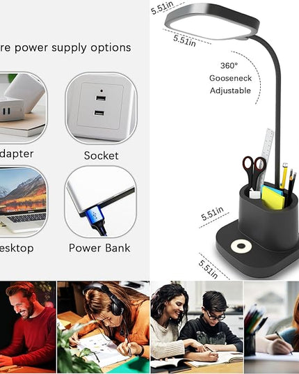 LED Desk Lamp for Home Office with USB Charging Port, Rechargeable Powered Table Lamp Battery Operated Cordless Reading Lamp, Pen Holder, 3 Way Dimmable, Bright, Tall, Flexible, Gooseneck, Black - LeafyLoom