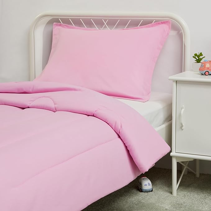 Amazon Basics 2 Piece Microfiber Kid's Comforter and Pillow Sham Set, Toddler, Light Pink, Solid - LeafyLoom