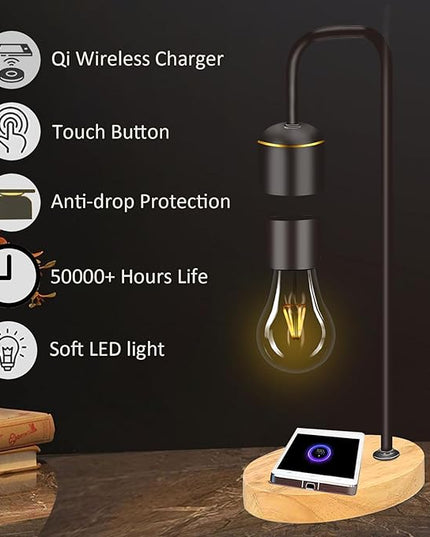 Magnetic Levitating Light Bulb Levitation Real Wood Black Floating Desk Lamp LED Night Lights with Luxury Wireless Charging Pad (Apple/Android) for Christmas Gift - LeafyLoom