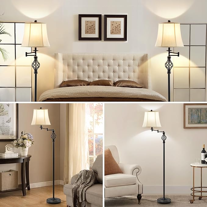 3 Color Temperature LED Floor lamp, Traditional 350° Adjustable Swing Arm Floor Lamp Vintage Pole lamp Farmhouse Lamp for Living Rooms & Offices, Rustic Standing Lamp for Bedroom Reading - LeafyLoom