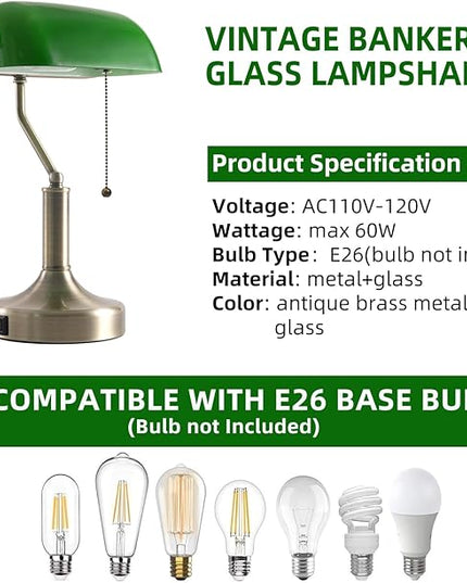 Banker Desk Lamp Green Glass, Antique Desk Lamps with Brass Base, Traditional Library Table Lamp with USB A and Type C Charging Port for Office, Study Room, Pull Chain Switch - LeafyLoom