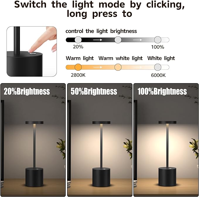 Cordless Table Lamp, Rechargeable LED Battery 5000mAh Metal USB Portable Powered Desk Lamp, 3 Levels Brightness Light for Restaurants Outdoor (10.25in Black) - LeafyLoom