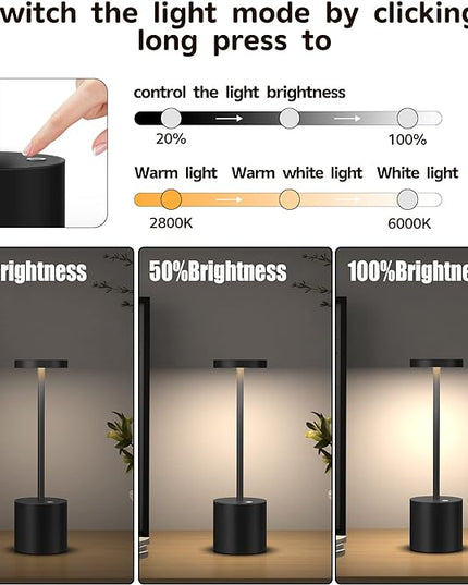 2Pack Cordless Table Lamp, Rechargeable LED Battery 5000mAh Metal USB Portable Powered Desk Lamp, 3 Levels Brightness Light for Restaurants Outdoor (2pack 10.25in Black) - LeafyLoom