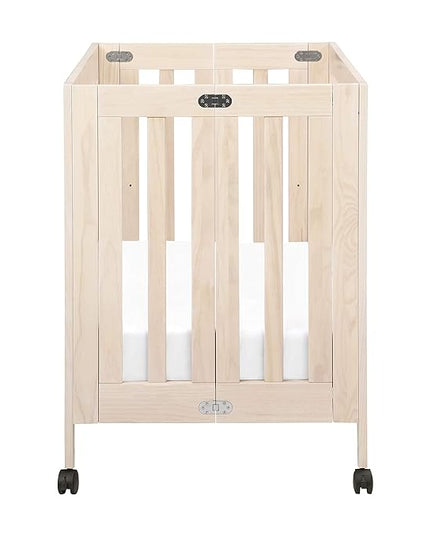 Babyletto Origami Mini Portable Crib Folding with Wheels in Washed Natural, 2 Adjustable Mattress Positions, Greenguard Gold Certified - LeafyLoom