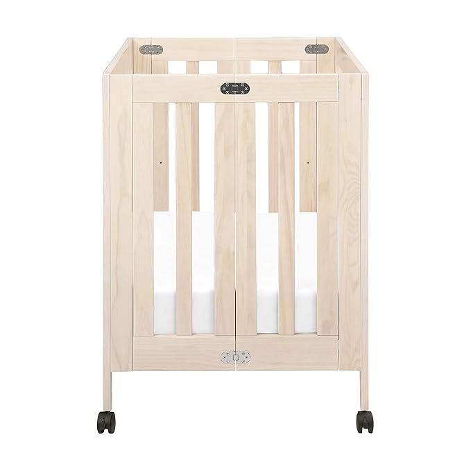 Babyletto Origami Mini Portable Crib Folding with Wheels in Washed Natural, 2 Adjustable Mattress Positions, Greenguard Gold Certified - LeafyLoom
