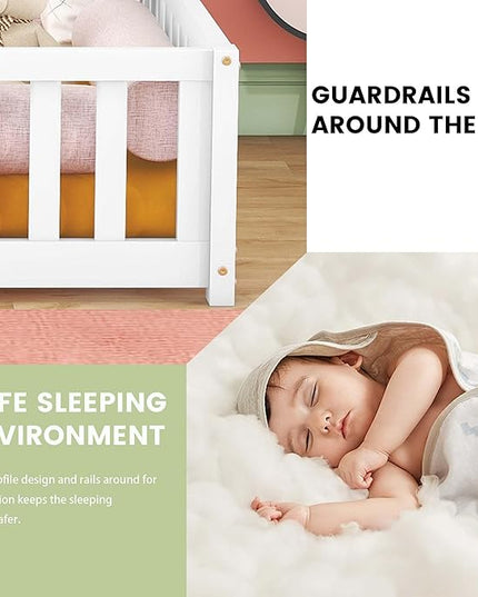 Multifunctional Full Size Floor Bed with Safety Guardrails and Door, Removable Wood Slats, Montessori Beds Frame for Toddlers, for Boys and Girls, White - LeafyLoom