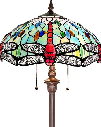 Capulina Tiffany Floor Lamp Fine Sky Dragonfly Style Stained Glass Standing Light Industrial Dark Bronze Pole for Living Room Bedroom Home Office - LeafyLoom