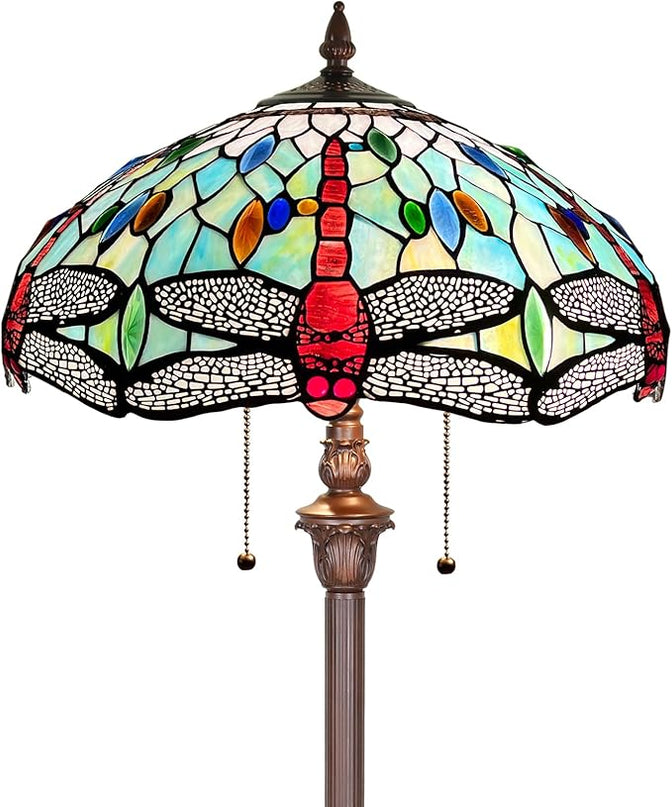 Capulina Tiffany Floor Lamp Fine Sky Dragonfly Style Stained Glass Standing Light Industrial Dark Bronze Pole for Living Room Bedroom Home Office - LeafyLoom