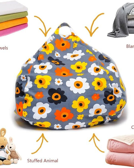 YuppieLife Kids Storage Bean Bag Cover（No Filling）Toy Organizer|Carrying Handle Sofa|Available for Kids and Teenager|Cuddle Chair|Machine Washable and Durable（27“,Grey Flora） - LeafyLoom