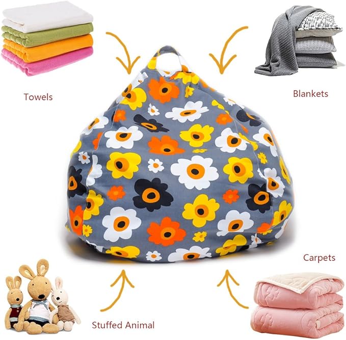 YuppieLife Kids Storage Bean Bag Cover（No Filling）Toy Organizer|Carrying Handle Sofa|Available for Kids and Teenager|Cuddle Chair|Machine Washable and Durable（27“,Grey Flora） - LeafyLoom