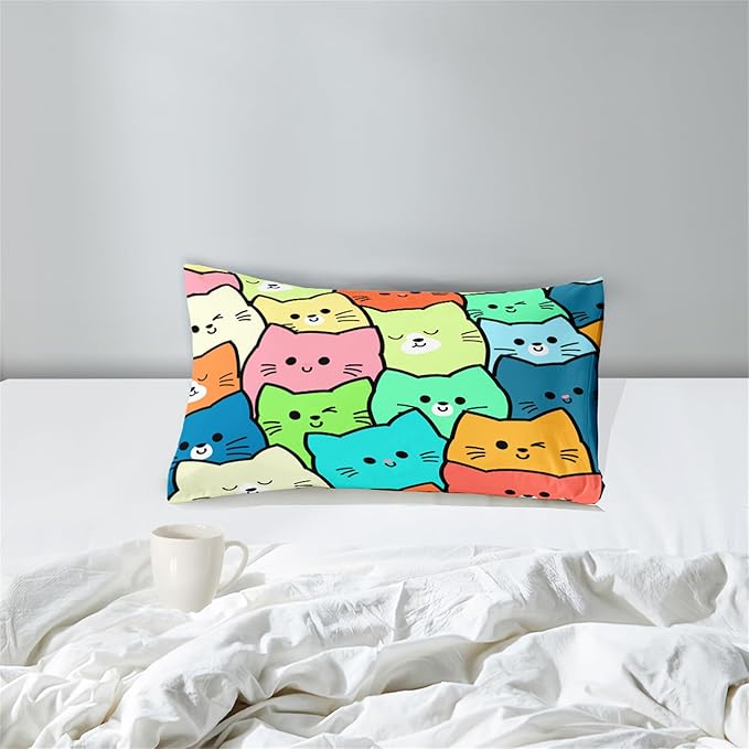 Cat Twin Comforter Set for Bedroom - 2Pcs Lovely Kitten Print Twin Bedding Set Cute Cat Patterns for Girls Boys Kids Warm Soft Breathable Cat Comforter with 1 Pillowcase for All Season, Twin Size - LeafyLoom