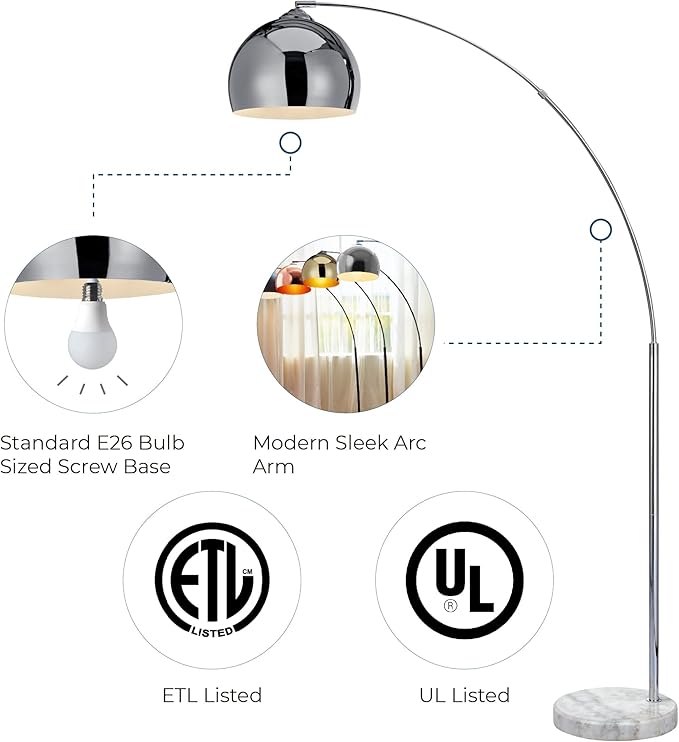 Teamson Home Arquer 68.1" Arc Floor Lamp for Living Rooms, Home Offices, Dining Rooms, Bedrooms with Faux White Marble Base and Chrome Bell Shade - LeafyLoom