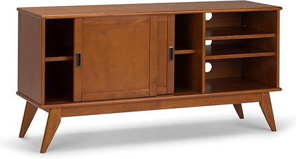 SIMPLIHOME Draper SOLID HARDWOOD 60 Inch Wide Mid Century Modern TV Media Stand in Teak Brown For TVs up to 65 Inches, For the Living Room and Entertainment Center - LeafyLoom