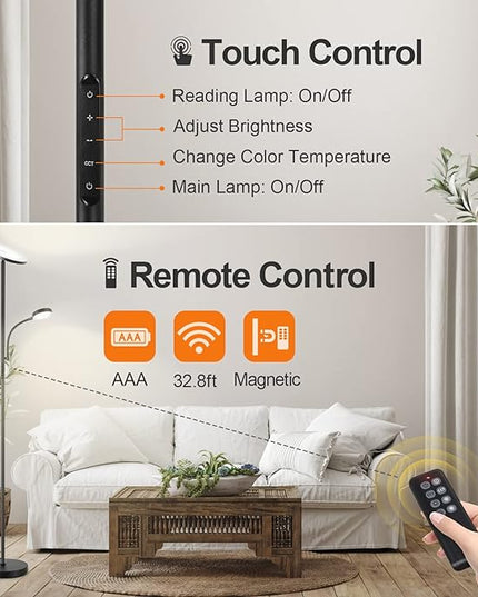 OUTON LED Floor Lamp, 27W/2400LM Modern Torchiere Lamp & 7W/ 400LM Reading Lamp, Bright Dimmable Standing Tall Lamp with 4 Color Temperature, Remote Touch Control for Living Room Bedroom Office, Black - LeafyLoom
