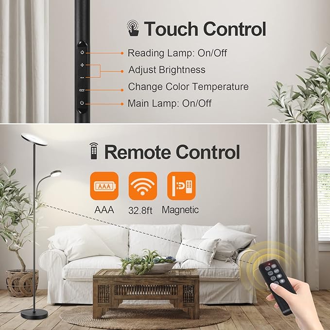 OUTON LED Floor Lamp, 27W/2400LM Modern Torchiere Lamp & 7W/ 400LM Reading Lamp, Bright Dimmable Standing Tall Lamp with 4 Color Temperature, Remote Touch Control for Living Room Bedroom Office, Black - LeafyLoom