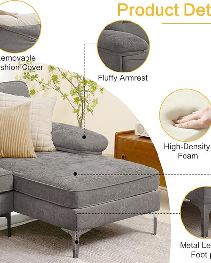 COHOME Convertible Sectional Sofa, 82-inch Modern Chenille L-Shaped Couch with Reversible Chaise Lounge,3-Seat Apartment Couch for Living Room with Washable Cover,Grey - LeafyLoom