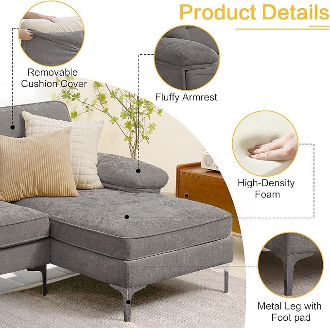 COHOME Convertible Sectional Sofa, 82-inch Modern Chenille L-Shaped Couch with Reversible Chaise Lounge,3-Seat Apartment Couch for Living Room with Washable Cover,Grey - LeafyLoom