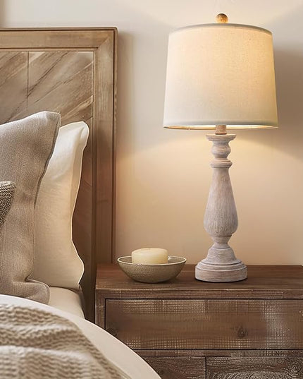 PORTRES 24.5" Mid Century Table Lamp Set of 2 for Living Room Farmhouse Linen Bedside Lamps for Bedroom Kids Room Dorm Office Rustic Lamps for End Table Nigntstand Resin - LeafyLoom