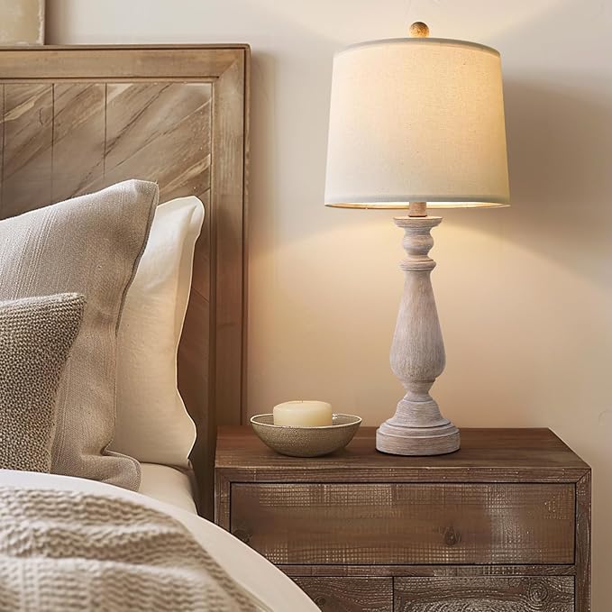 PORTRES 24.5" Mid Century Table Lamp Set of 2 for Living Room Farmhouse Linen Bedside Lamps for Bedroom Kids Room Dorm Office Rustic Lamps for End Table Nigntstand Resin - LeafyLoom