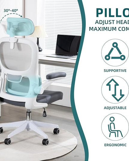 Home Office Chair High Back Computer Desk Chair Ergonomic Task Chair Executive Chair with Lumbar Support Recliner Chair with Adjustable Headrest,Flip-up Armrests (White/Gray with Nylon Base) - LeafyLoom