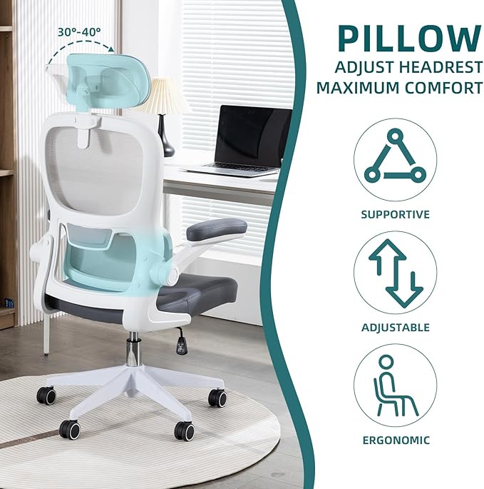 Home Office Chair High Back Computer Desk Chair Ergonomic Task Chair Executive Chair with Lumbar Support Recliner Chair with Adjustable Headrest,Flip-up Armrests (White/Gray with Nylon Base) - LeafyLoom