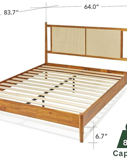 Bme Oliver Headboard Queen Size Bed Frame - 15-Inch Signature Design with Rattan Headboard, Bohemian and Mid Century Style, 12-Slat Wood Support, No Box Spring Needed - Easy Assembly, Caramel - LeafyLoom