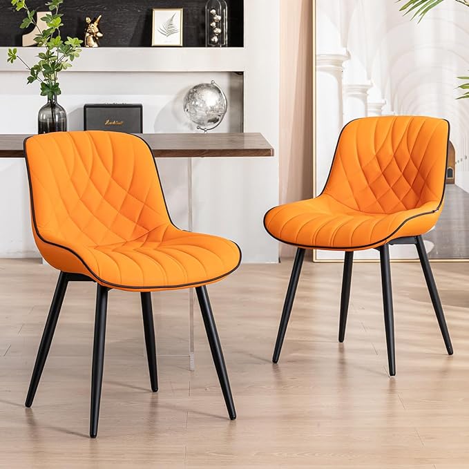 YOUNUOKE Dining Chairs Set of 2 Mid Century Modern Kitchen Chair Comfortable Upholstered Faux Leather Dinner Chairs for Kitchen Dining Room, Orange - LeafyLoom