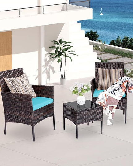 Patio Furniture Set 3 Pieces All-Weather Rattan Outdoor Furniture Patio Chairs with Tempered Glass Table for Porch Bistro Balcony Bistro Set(Brown/Blue) - LeafyLoom
