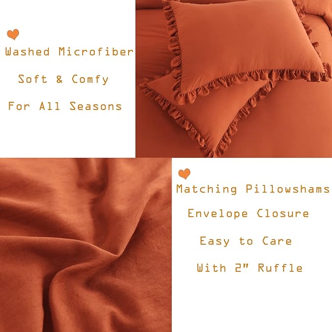 Terracotta Ruffle Comforters Queen Size Set,Burnt Orange Shabby Boho Chic Comforter Farmhouse Terracotta Bedding Sets 3PCS（1 Ruffled Comforter and 2 Pillowcases） - LeafyLoom